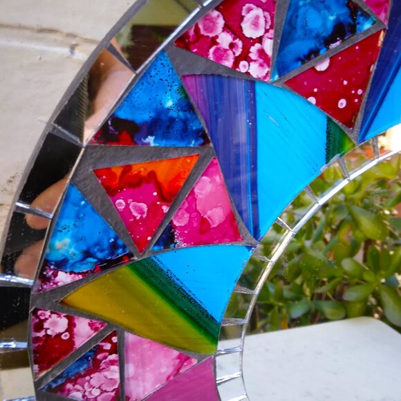 Inlaid Multi Colored Stained Glass Mosaic Handmade Round Wall Mirror - Picture 6 of 11